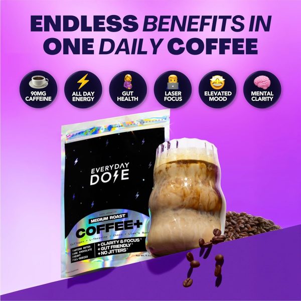 Everyday Dose Bold Medium Roast Mushroom Coffee 90mg Caffeine per serving with Grass-Fed Collagen, Chaga, Lions Mane & L-Theanine for Better Focus, Energy, Digestion, Skin, and Immunity 30 Servings - Image 4