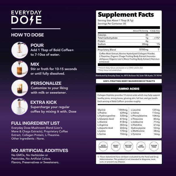 Everyday Dose Bold Medium Roast Mushroom Coffee 90mg Caffeine per serving with Grass-Fed Collagen, Chaga, Lions Mane & L-Theanine for Better Focus, Energy, Digestion, Skin, and Immunity 30 Servings - Image 2