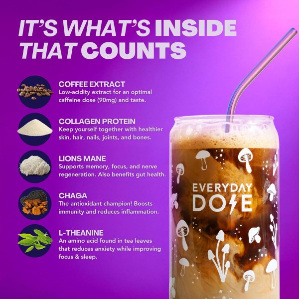 Everyday Dose Bold Medium Roast Mushroom Coffee 90mg Caffeine per serving with Grass-Fed Collagen, Chaga, Lions Mane & L-Theanine for Better Focus, Energy, Digestion, Skin, and Immunity 30 Servings - Image 3