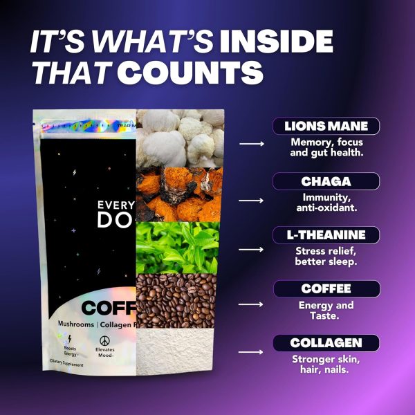 Everyday Dose Premium Adaptogenic Mushroom Coffee with Grass-Fed Collagen, Chaga, Lions Mane & L-Theanine for Better Focus, Energy, Digestion, Skin, and Immunity 30 Servings - Image 3