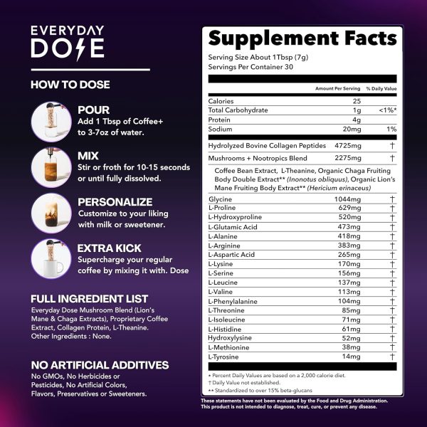 Everyday Dose Premium Adaptogenic Mushroom Coffee with Grass-Fed Collagen, Chaga, Lions Mane & L-Theanine for Better Focus, Energy, Digestion, Skin, and Immunity 30 Servings - Image 2