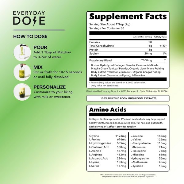 Everyday Dose Mushroom Matcha+ Ceremonial Grade Matcha Powder - Japanese Tea With Grass-Fed Collagen, Lion's Mane, Chaga, L-Theanine - For Better Focus, Energy, Digestion and Immunity - 30 Servings - Image 2